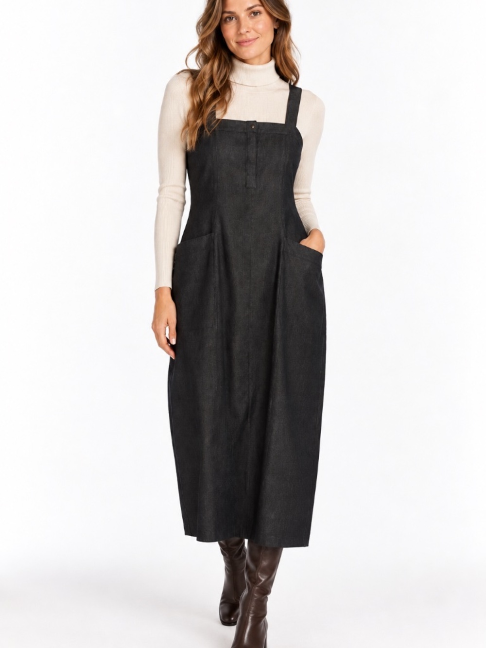 Sarah Pacini Black Pinafore Midi Dress